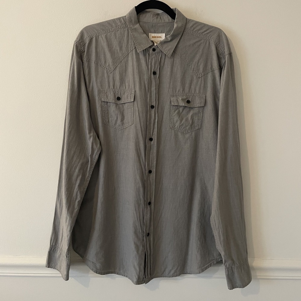 Diesel Mens Button Up Long Sleeve Black White Striped Shirt‎ XXL Cotton Casual